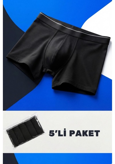 Cennetoğlu Erkek Likralı Pamuklu Boxer Özel Hijyenik Ambalajlı 5'li Paket Siyah Siyah