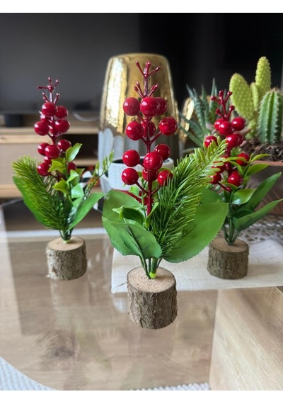 3lü Set Yapay Çiçek Yılbaşı Çiçeği Kokinalı Kütük Saksılı Dekoratif Süs 20cm