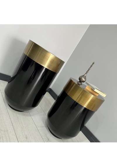Dekoratif Eskitme Darbuka Parlak Siyah Saksı 70cm + Sehpa 60cm İkili Set