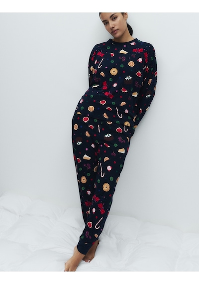 Marks & Spencer Saf Pamuklu Yılbaşı Desenli Pijama Takımı T37002275J Lacivert
