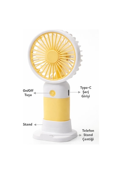 Standlı 3 Mod Şarjlı El Fanı 5 Kademe Seyahat Masaüstü Vantilatör Taşınabilir Mini Fan Sarı F139