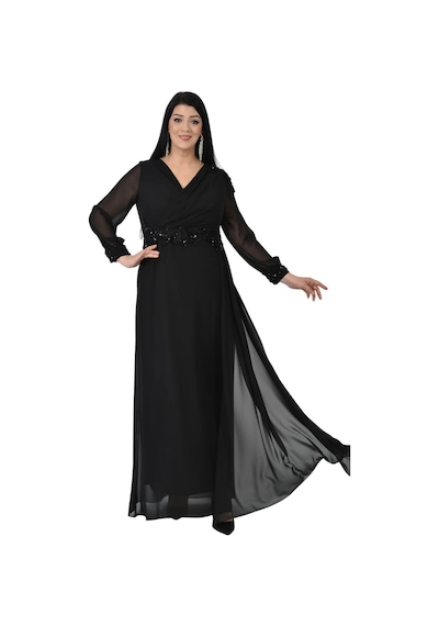 Lilas Xxl Kadın Büyük Beden Uzun Şifon Abiye Elbise 9573 Siyah