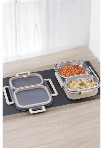 Digithome Bento 2 Bölmeli Taşınabilir Paslanmaz Çelik Yemek Kabı Termosu Lunch Box Dikdörtgen Bej 1000ml