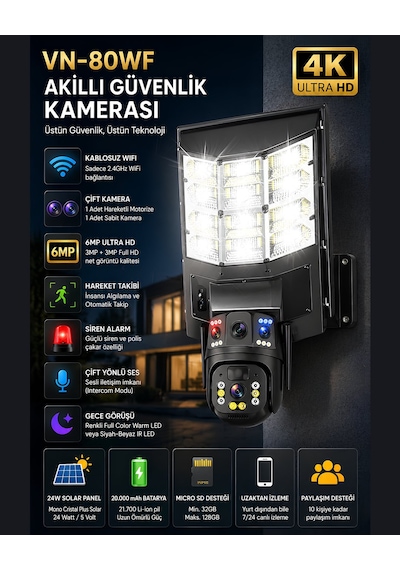 Onqam Vn-80swf 6mp Çift Kameralı Solar Sokak Lambalı Wifi Güvenlik Kamerası, 7-24 İzleme, Pır Sensör, Alarm