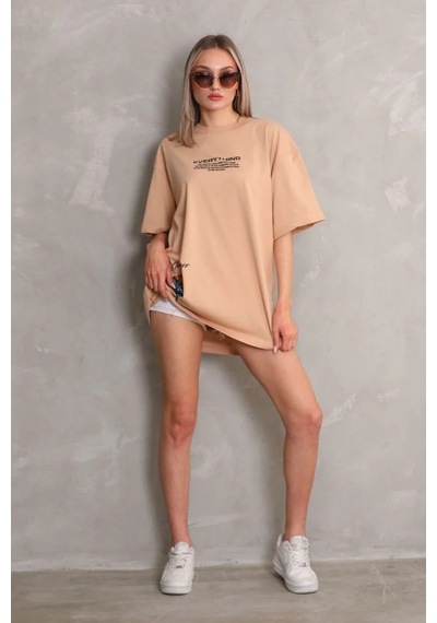 Kadın Bisiklet Yaka Baskılı Oversize Kısa Kol T-shirt - Bej Bej