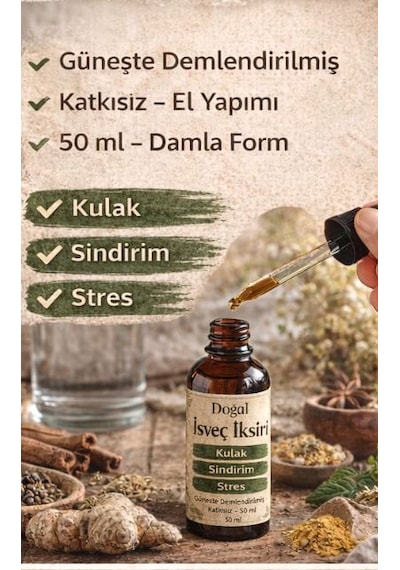 Geleceksel İsveç İksiri - Ev yapımı - Güneşte Demlendirilmiş - Katkısız Bitkisel Damla 50 ML Kulak Sindirim -- Bitkisel Destek