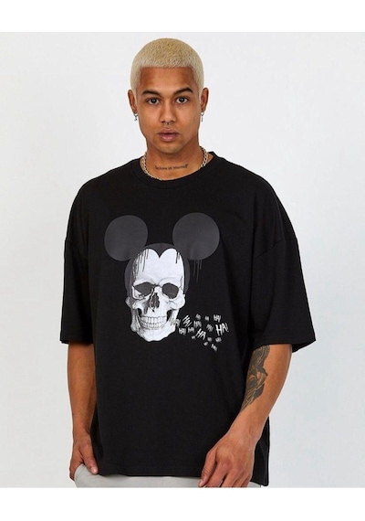 Flood Of Style Erkek Siyah Kuru Kafa Mouse Baskılı Oversize Bisiklet Yaka Tişört