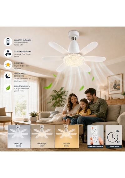 E27 Duylu Kumandalı 6 Kanatlı Pervaneli Led Tavan Lambası 30w 3 Renk Işıklı Fanlı Avize
