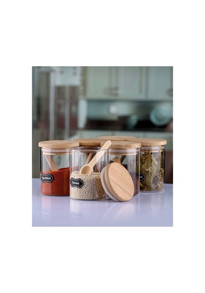 6 Li Kaşıklı Etiketli 250 Ml Bambu Kapaklı Cam Baharatlık Seti Baharatlık Takımı Diğer