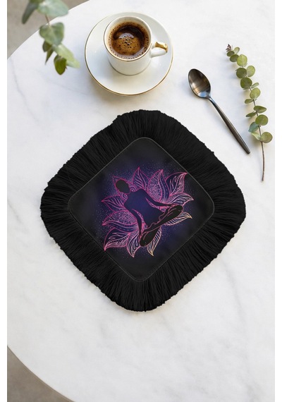 Lotus Mandala Aura Saçaklı Sunum Peçetesi - Meditasyon Temalı Bohem Mor Siyah Bardak Altlığı Mendil Çok Renkli