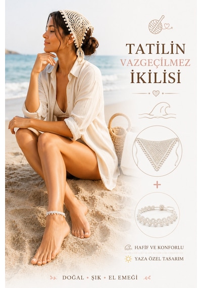 Kadın El Örgüsü Üçgen Bandana Halhal Ayak Bilekliği Hediyeli Bohem Yazlık Saç Bandanası Plaj Tatil Festival Aksesuarı Beyaz İnci
