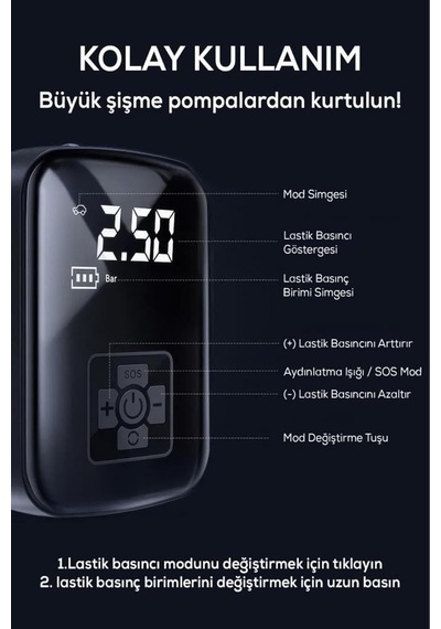 Taşınabilir 150 Psı 3600mah Kablosuz Şarjlı Dijital Hava Kompresörü Lastik Pompası