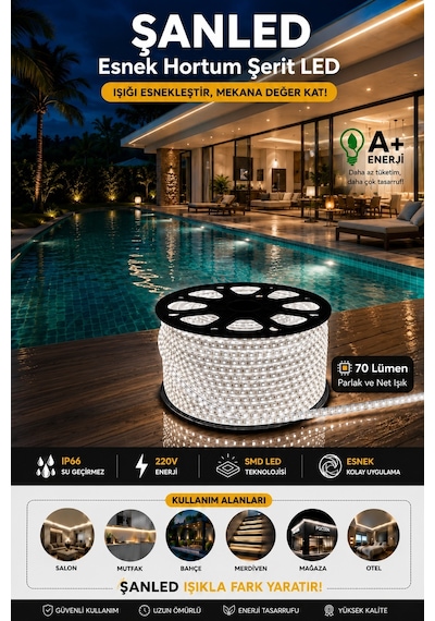 Hortum Esnek 220v Şerit Led Beyaz 3 Metre 3 M