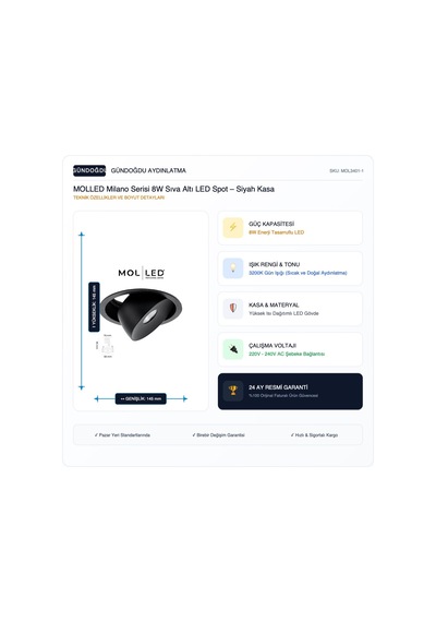 Molled Milano Serisi 8w Sıva Altı Led Spot Siyah Kasa 3000k - Mol3401-1