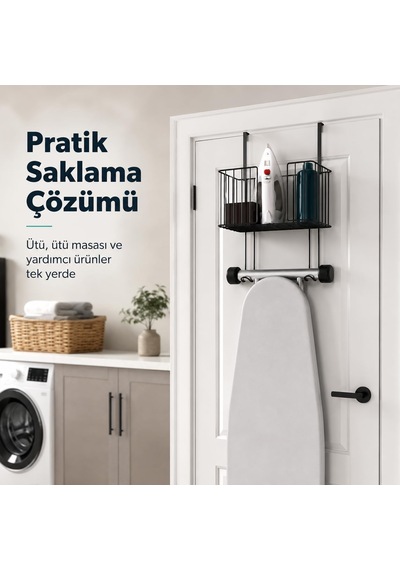 Kapı Arkası Ütü Masası Askılığı Siyah, Sepetli Kapı Arkası Düzenleyici, Delmeden Kullanımlı Ütü Diğer