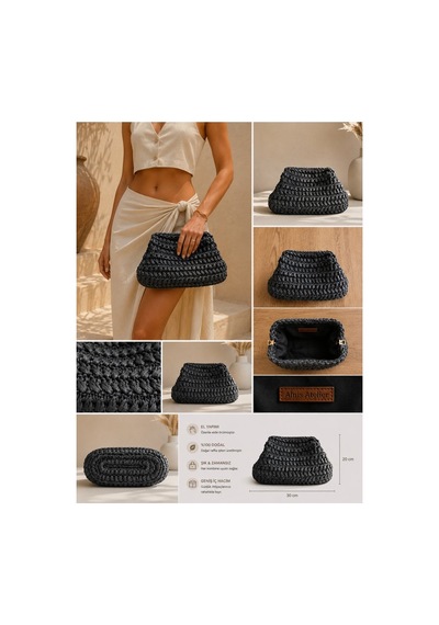 Siyah Hasır Çanta El Örgüsü Clutch Kadın El Çantası El Yapımı 20x30 Cm