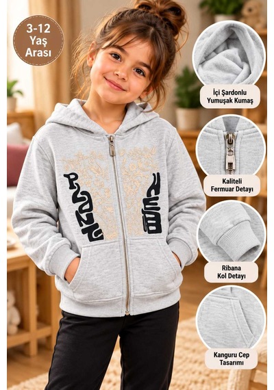 Üç Gül Ticaret Kız Çocuk Kapüşonlu Fermuarlı Şardonlu Sweatshirt Gri 3-12 Yaş Gri Gri