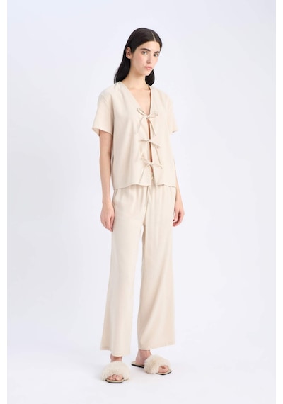 DeFacto Pijama Takımı Keten Kısa Kollu Üst Esnek Belli Alt-Fall in Love E3571AX25SPBG778