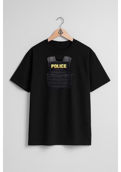 Bahriyeli Collection Oversize Polis Çelik Yelek Göğüs Tasarımlı Unisex T-shirt Siyah