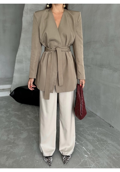 Haki Elegant Kuşaklı Ceket Haki