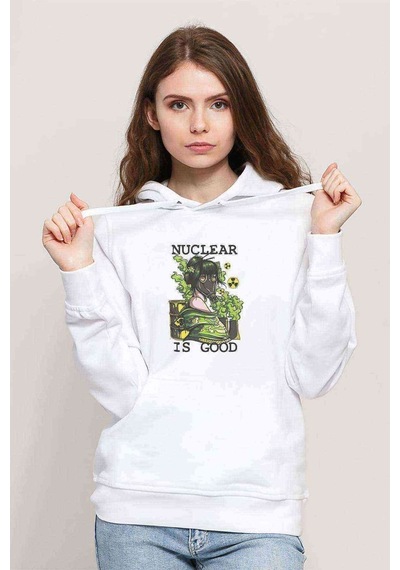 Nuclear Is Good Baskılı Beyaz Kadın Kapşonlu Sweatshirt