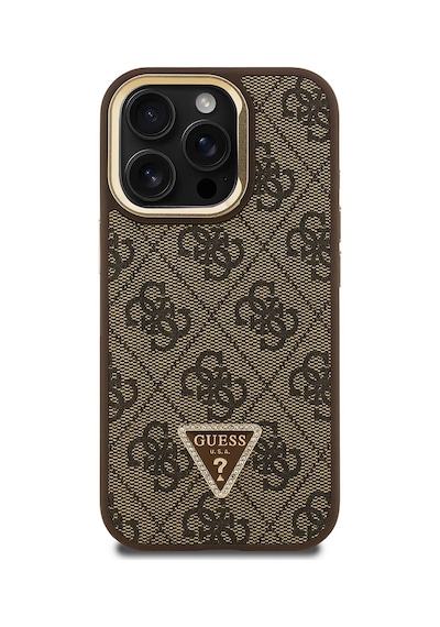 Apple iPhone 15 Pro Max Uyumlu Kılıf Guess Lisanslı Üçgen Logo 4g Desenli Kamera Standlı Kapak Kahverengi