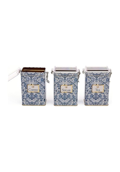 Lisbon Desenli Tea, Coffee, Sugar Şeffaf Kapaklı Metal Saklama Kabı 3'lü Set, 7,5 X 10 X 15 Cm, 1 Lt Desenli