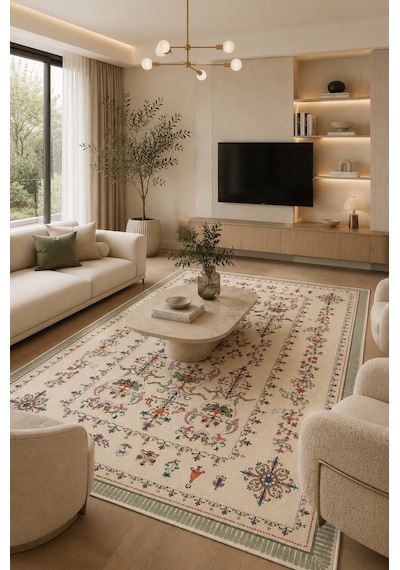 Floral Elegance Desen Baskılı Kaymaz Yıkanabilir Salon Oturma Odası Mutfak Balkon Halısı Yolluk Çok Renkli