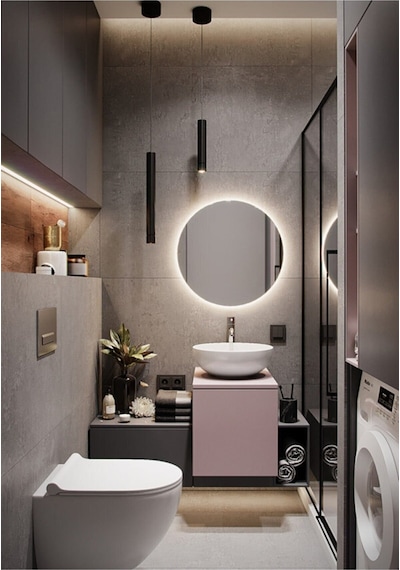 Nuun Dekor 50cm Günışığı Ledli Yuvarlak Banyo Aynası Dekoratif Duvar Aynası - Trafolu Ahşap