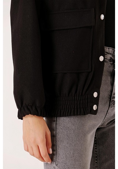 By Saygı Beli Lastikli Torba Cepli Kaşe Bomber Mont-35004-Siyah