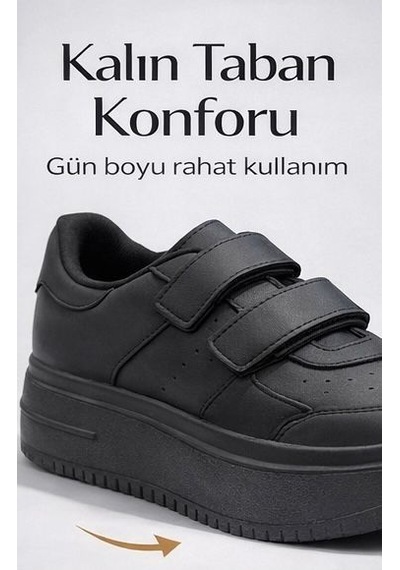 Papucumun Dünyası Aır Kalın Yüksek Taban Cırt Bantlı Kadın Sneaker Siyah