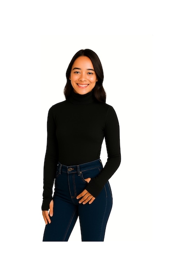 İngegno Body Boğazlı Uzun Kol Parmak Geçme Detay Viskoon Örme Kumaş Kadın Body Siyah