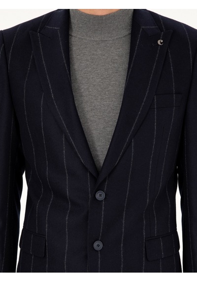 Cacharel Koyu Lacivert Slim Fit Çizgili Yün Takım Elbise Cacharel Koyu Lacivert Slim Fit Çizgili Yün Takım Elbise