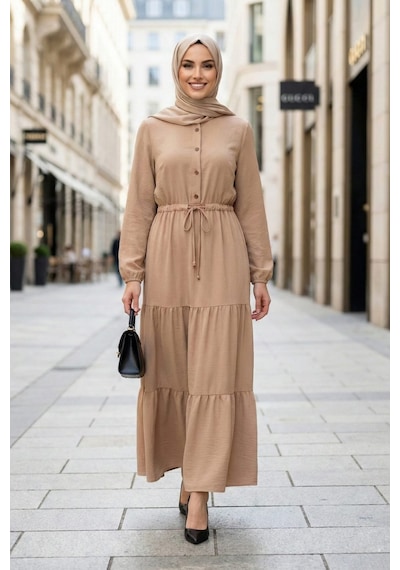 Hb Harma Time Butik Kadın Düğmeli Bağcıklı Bej Tesettür Keten Elbise Bej Bej