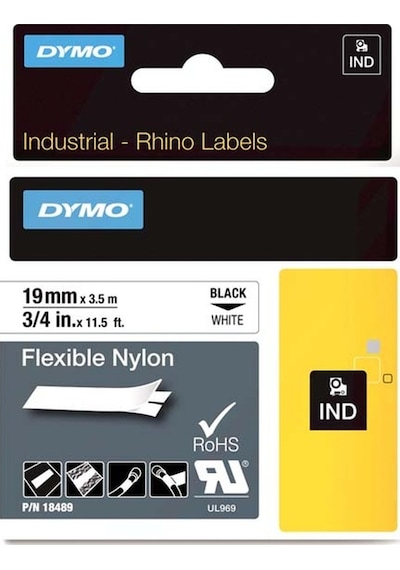 Dymo Rhino Pro Etiketi Plastik Esnek 19 Mmx3.5Mt  Siyah Üzerine Beyaz