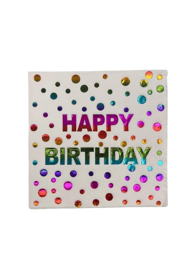 Peçete Varaklı Happy Birthday Yazı Beyaz Üst Rengarenk