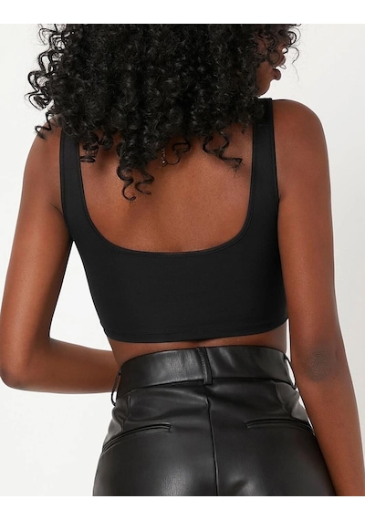 Liona Kadın Kare Yaka Siyah Slim Fit Mini Crop Top Bluz 001