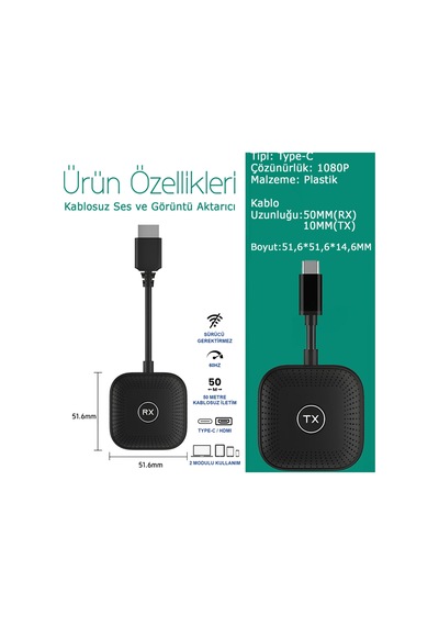 Kablosuz Görüntü Aktarıcı Type-c - 1080p 60hz, Usb-c Tx-rx, Tak Çalıştır, Tv-pc Bağlantı Kiti