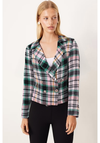 Armonika Kadın Yeşil-siyah Kruvaze Yaka Tüvit Crop Ceket Arm-24k001014