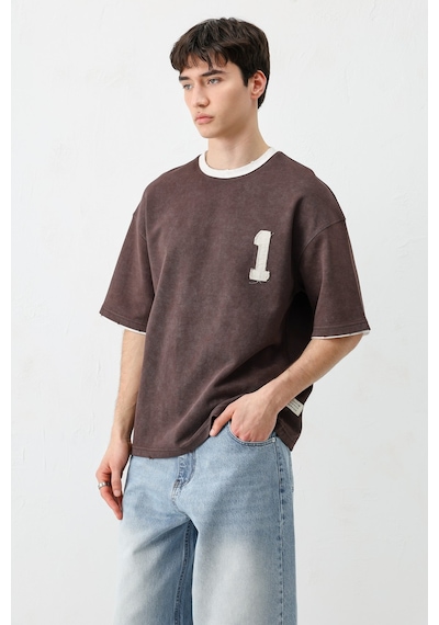 Vamos Oversize Baskılı Tişört V70-134 Kahve