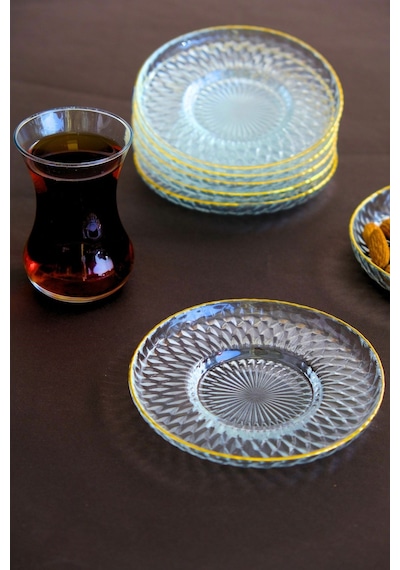 Tabak Evi Altın Yaldız Cam Çay Tabağı 12cm 6 Lı 2494 Şeffaf