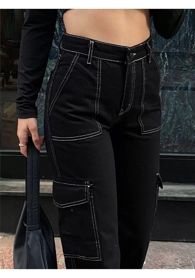 Lavajeans Beyaz Dikiş Detaylı Siyah Kargo Cep Jean Pantolon Siyahbyz Siyah - Beyaz