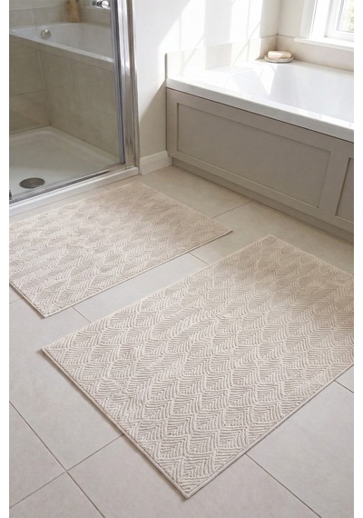 Raschel Carpet Yaprak Desenli Premium Seri Özel Kaymaz Taban Banyo Paspası 2'li Set 50x60 Ve 60x100 Krem