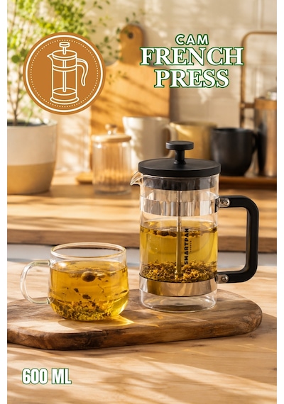 Porsima Smartpan Bv008 French Press Paslanmaz Çelik Süzgeçli Cam Bitki Çayı Demliği Kahve Presi - 600 Ml Siyah