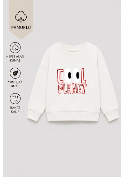 Monila Unisex Çocuk 3 İplik Kumaş Baskılı Pamuklu Sweatshirt Ekru