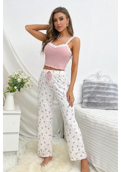 Merry See Askılı Şık Üstü Dantel İşlemeli Baskılı Pijama Takımı Çok Renkli