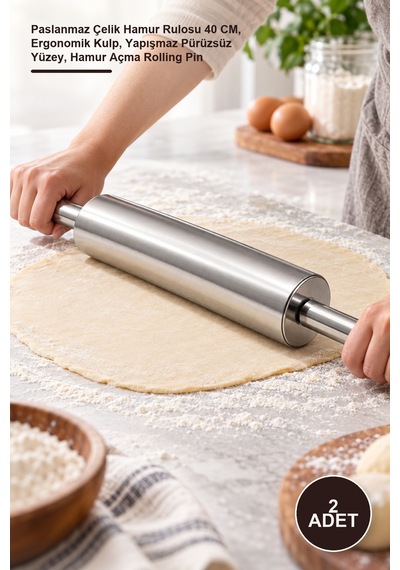 2 Adet Çelik Merdane Paslanmaz Çelik Hamur Rulosu 40 Cm, Ergonomik Kulp, Yapışmaz Pürüzsüz Yüzey, Hamur Açma Rolling Pin