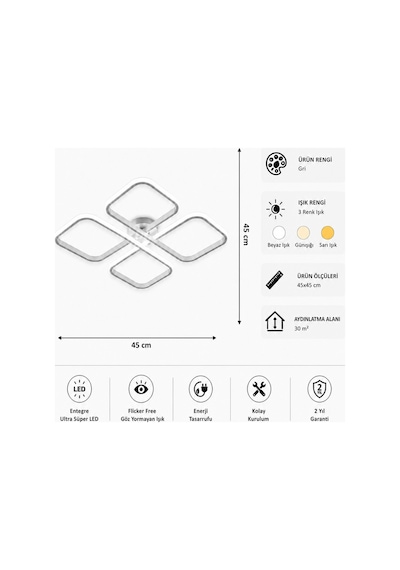 Nuvo Led Plafonyer Avize 3 Renk Kumandalı Gri