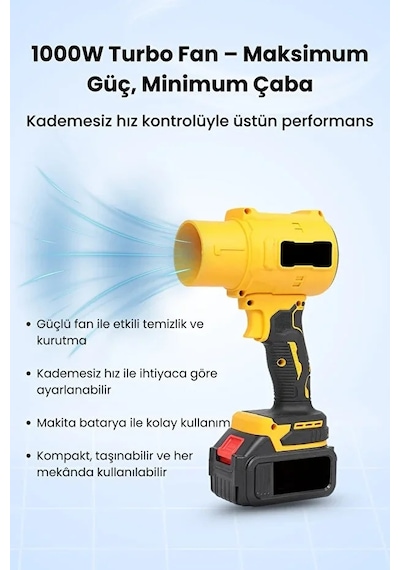 Go İthalat 21v Kablosuz Hava Üfleyici 32.000rpm Turbo Fan, 12.000mah Batarya, Bahçe &amp Amp Araç