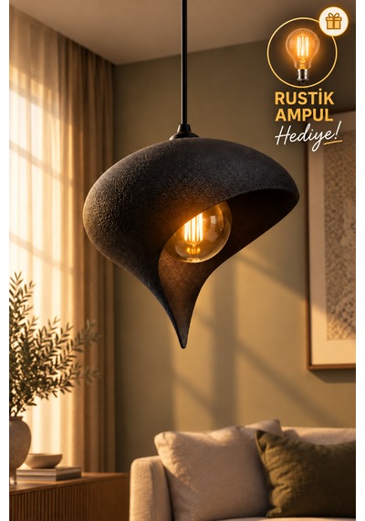 Beton Görünümlü Tekli Sarkıt Avize Asimetrik Damla Modern Bohem E27 G95 Rustik Led Ampul Hediyeli Siyah